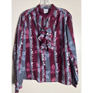 Vintage Pykettes Women's Blouse Size 14 With Ruffles Long Sleeves Cranberry Gray
